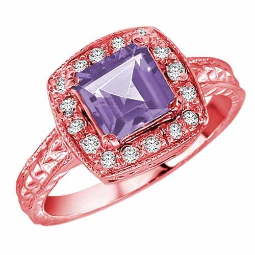 10K Rose Gold Square Created Tanzanite and Diamond Ring with Decorated Shank