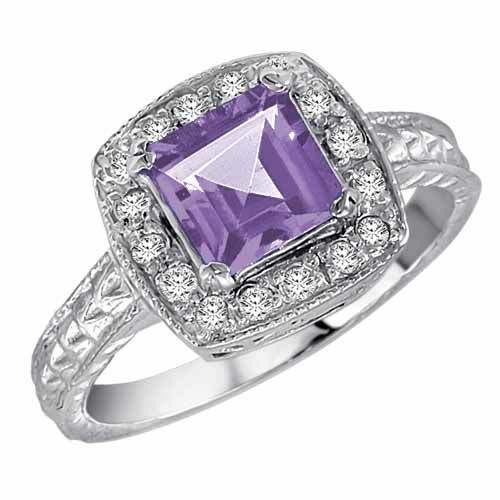 Sterling Silver Square Created Tanzanite and Diamond Ring with Decorated Shank