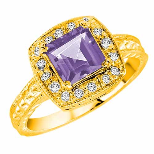 18K Yellow Gold Square Created Tanzanite and Diamond Ring with Decorated Shank