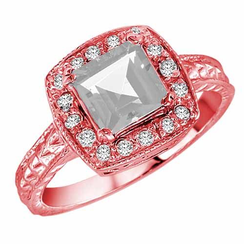 18K Rose Gold Square White Quartz and Diamond Ring with Decorated Shank