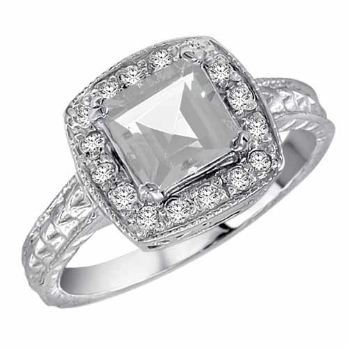 14K White Gold Square White Quartz and Diamond Ring with Decorated Shank