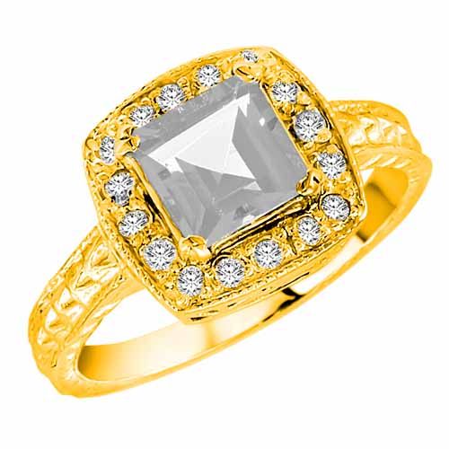 18K Yellow Gold Square White Quartz and Diamond Ring with Decorated Shank