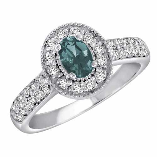 14K White Gold Oval Aquamarine and Diamond Engagement Ring