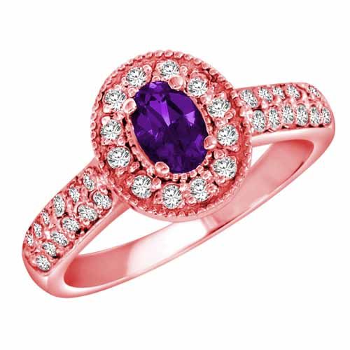 10K Rose Gold Oval Amethyst and Diamond Engagement Ring