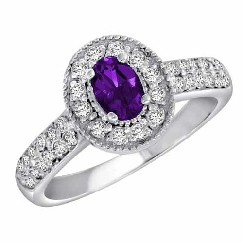 18K White Gold Oval Amethyst and Diamond Engagement Ring