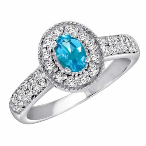 18K White Gold Oval Blue Topaz and Diamond Engagement Ring