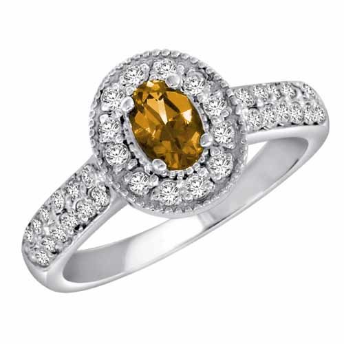 14K White Gold Oval Citrine and Diamond Engagement Ring