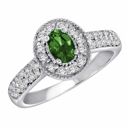 14K White Gold Oval Emerald and Diamond Engagement Ring