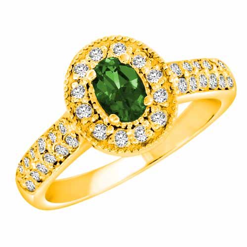 18K Yellow Gold Oval Emerald and Diamond Engagement Ring