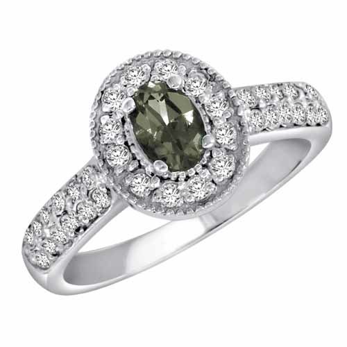 Sterling Silver Oval Green Amethyst and Diamond Engagement Ring