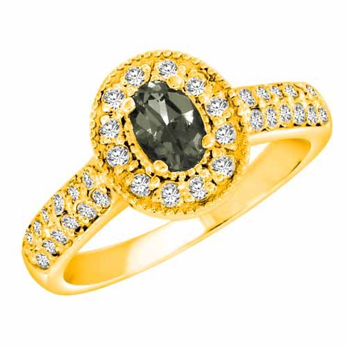 18K Yellow Gold Oval Green Amethyst and Diamond Engagement Ring