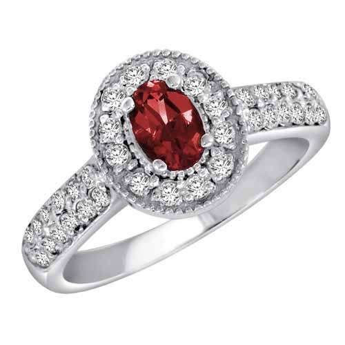 18K White Gold Oval Garnet and Diamond Engagement Ring