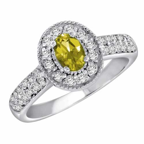 10K White Gold Oval Lemon Quartz and Diamond Engagement Ring