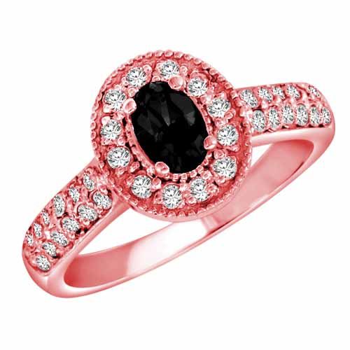 14K Rose Gold Oval Created Onyx and Diamond Engagement Ring