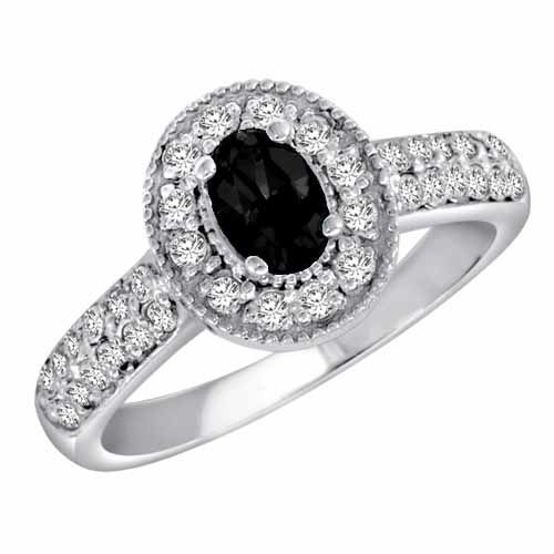 Platinum Oval Created Onyx and Diamond Engagement Ring