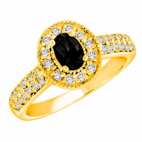 14K Yellow Gold Oval Created Onyx and Diamond Engagement Ring