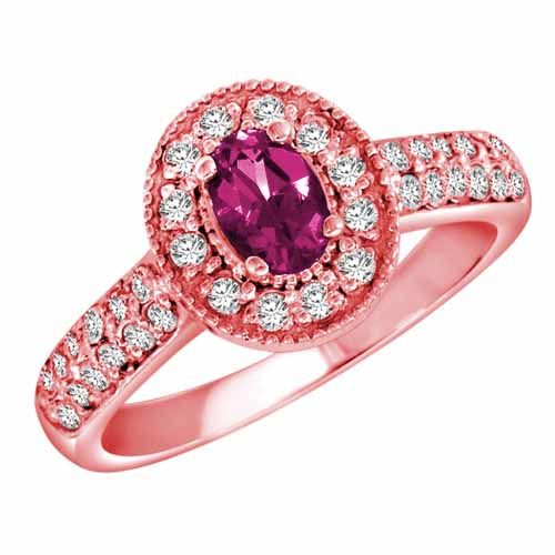 10K Rose Gold Oval Created Pink Sapphire and Diamond Engagement Ring