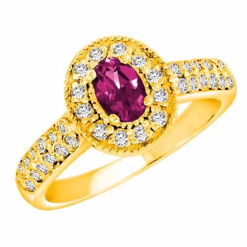 18K Yellow Gold Oval Created Pink Sapphire and Diamond Engagement Ring