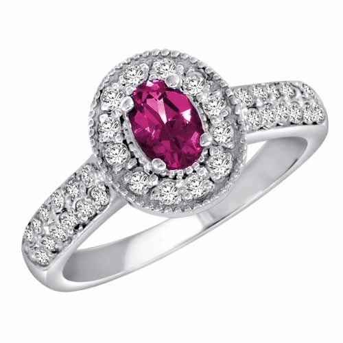 14K White Gold Oval Pink Topaz and Diamond Engagement Ring
