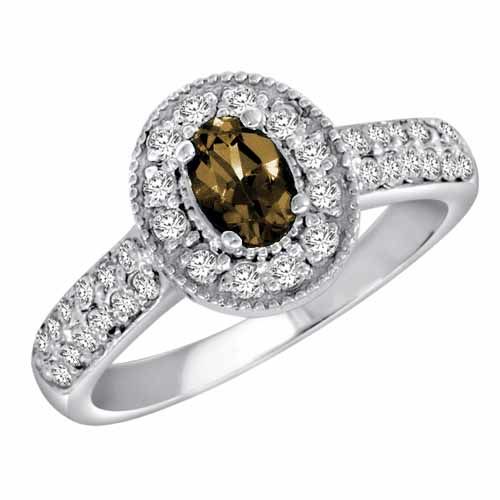 Sterling Silver Oval Smoky Quartz and Diamond Engagement Ring
