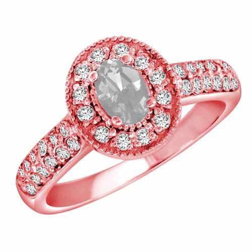 14K Rose Gold Oval White Quartz and Diamond Engagement Ring