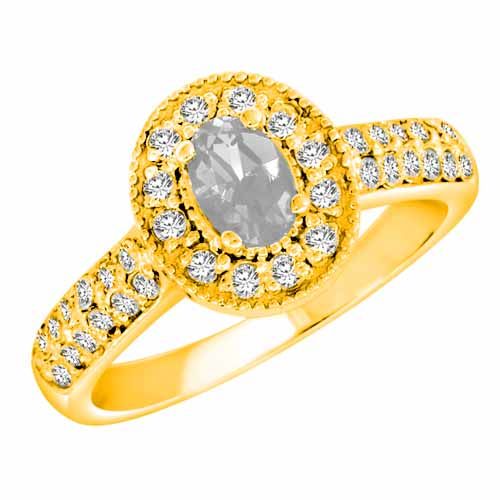 14K Yellow Gold Oval White Quartz and Diamond Engagement Ring