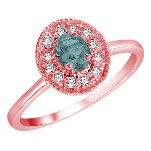 14K Rose Gold Round Oval Aquamarine and Diamond Ring