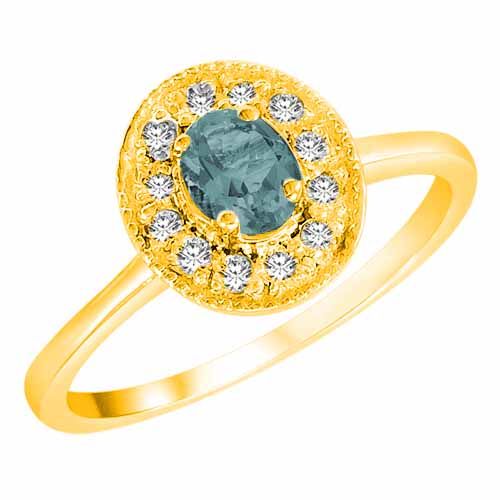 10K Yellow Gold Round Oval Aquamarine and Diamond Ring