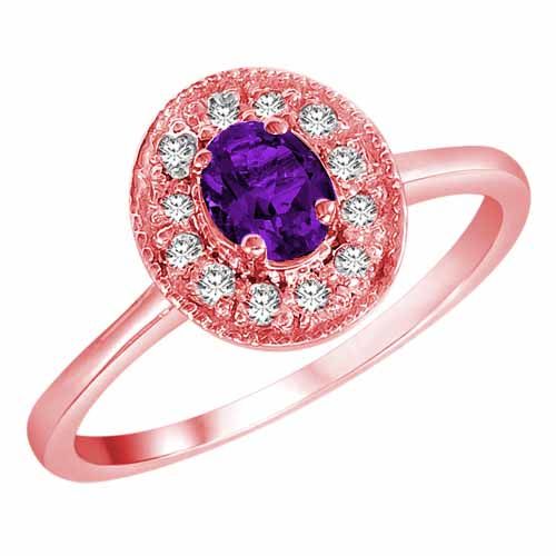 14K Rose Gold Round Oval Amethyst and Diamond Ring