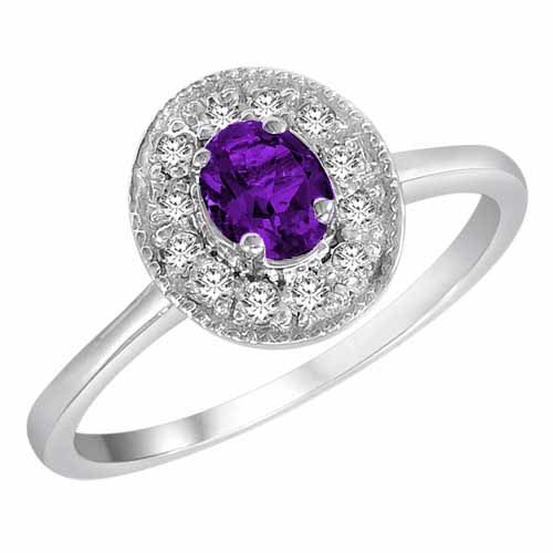 18K White Gold Round Oval Amethyst and Diamond Ring