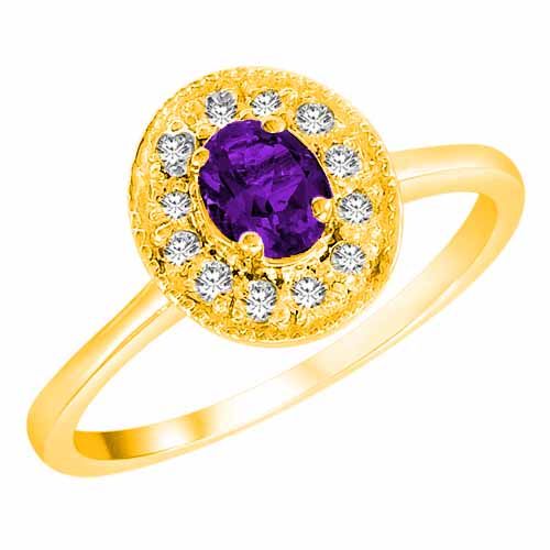 14K Yellow Gold Round Oval Amethyst and Diamond Ring