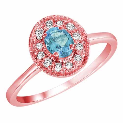 10K Rose Gold Round Oval Blue Topaz and Diamond Ring