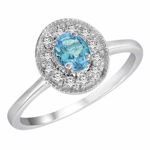 10K White Gold Round Oval Blue Topaz and Diamond Ring
