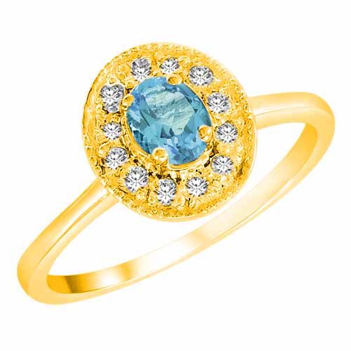 18K Yellow Gold Round Oval Blue Topaz and Diamond Ring