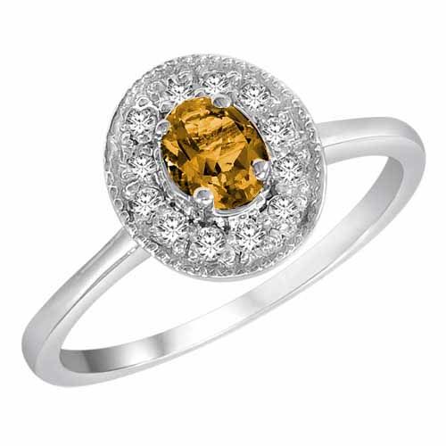 14K White Gold Round Oval Citrine and Diamond Ring