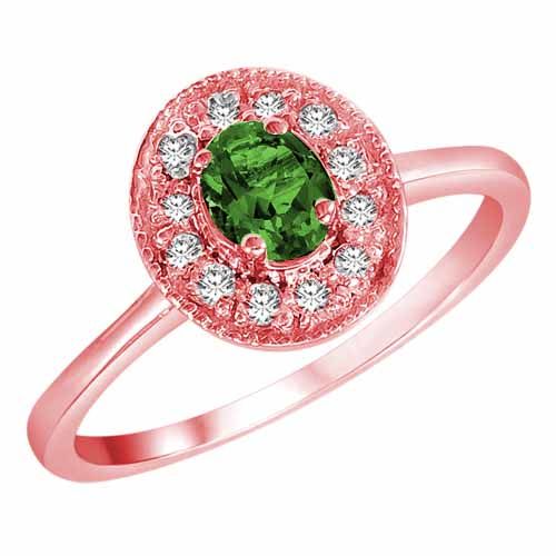10K Rose Gold Round Oval Emerald and Diamond Ring