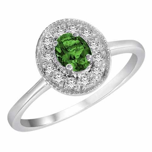 14K White Gold Round Oval Emerald and Diamond Ring