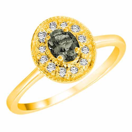 18K Yellow Gold Round Oval Green Amethyst and Diamond Ring