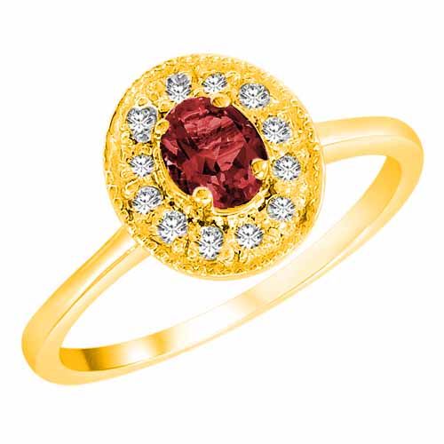 18K Yellow Gold Round Oval Garnet and Diamond Ring