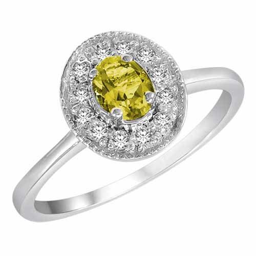 10K White Gold Round Oval Lemon Quartz and Diamond Ring