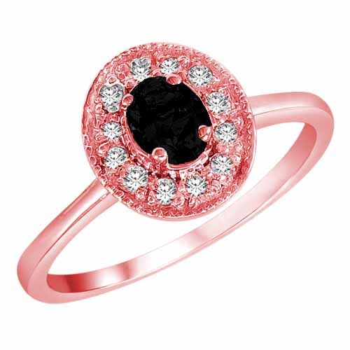 18K Rose Gold Round Oval Created Onyx and Diamond Ring
