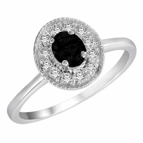 14K White Gold Round Oval Created Onyx and Diamond Ring