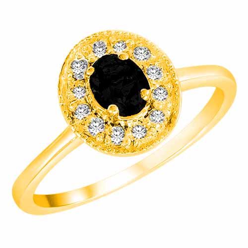 14K Yellow Gold Round Oval Created Onyx and Diamond Ring
