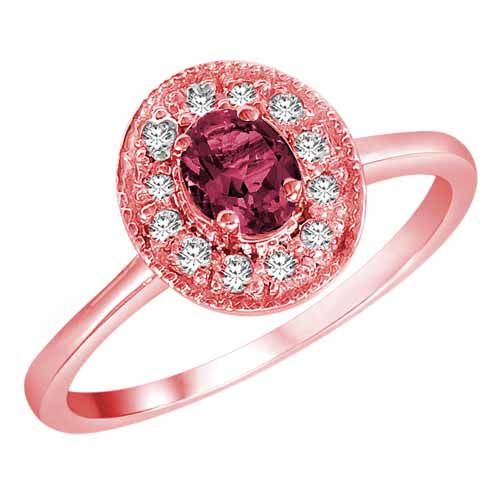 10K Rose Gold Round Oval Created Pink Tourmaline and Diamond Ring