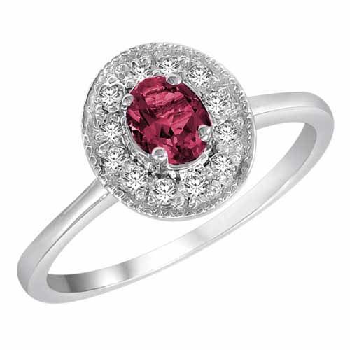 10K White Gold Round Oval Created Pink Tourmaline and Diamond Ring