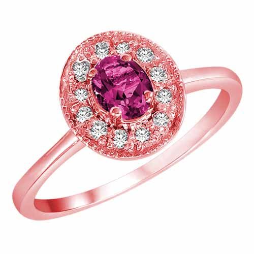 14K Rose Gold Round Oval Created Pink Sapphire and Diamond Ring