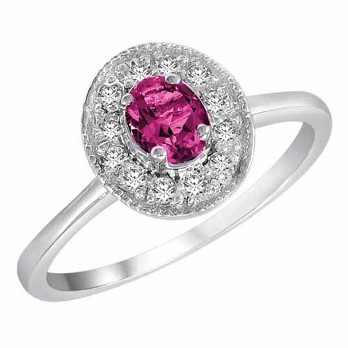 Platinum Round Oval Created Pink Sapphire and Diamond Ring
