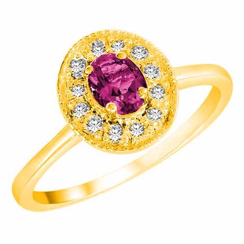 14K Yellow Gold Round Oval Created Pink Sapphire and Diamond Ring