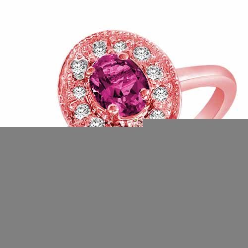 14K Rose Gold Round Oval Created Pink Topaz and Diamond Ring