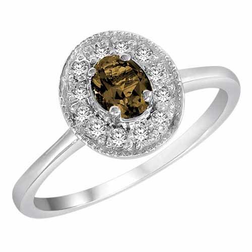14K White Gold Round Oval Smoky Quartz and Diamond Ring